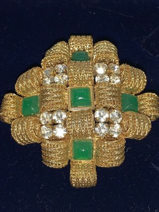 VINTAGE COUTURE CHRISTIAN DIOR GOLD PLATE Jade And Rhinestone BROOCH 1968 4