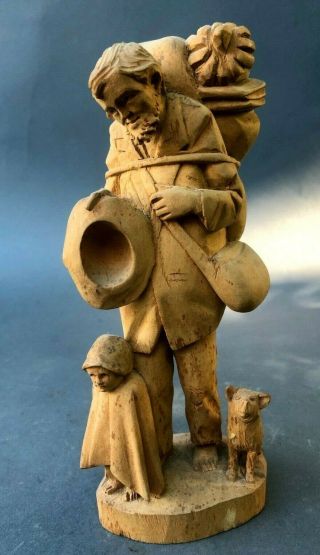 Vintage Hand Carved Wood Figure Man Backpack Dog & Child From Ecuador