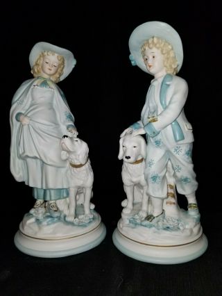 Vintage Boy Girl Dog Bisque Figurines Marked Germany Highly Detailed Blue White