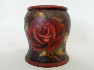 Antique Vintage Australian Pokerwork Poker Work Large Vase Rose Flower Floral