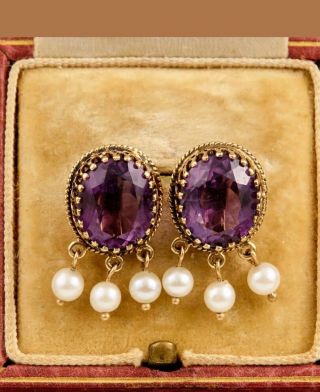 Antique Vintage Nouveau 14k Yellow Gold Purple Amethyst Cultured Pearl Earrings