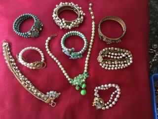9 Highly Decorative Vintage Bracelets And A Necklace.  3 Signed Miriam Haskell