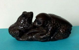 Carved Wood Netsuke Monkey And Toad On Lily Vintage Antique Style Treen Signed