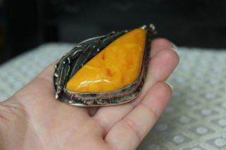 Antique 52gr Butterscotch Egg Yolk Natural Amber Pendant Vintage Silver 3