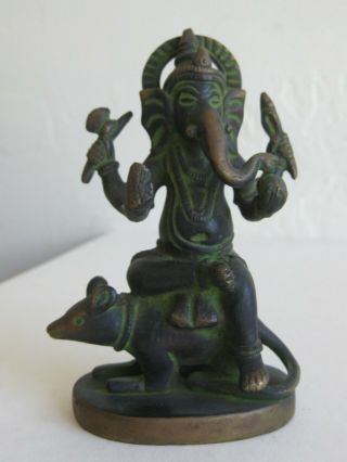 Fine Old Antique India Hindu 4 Arm Lord Ganesha Deity W/rat Bronze Statue Figure