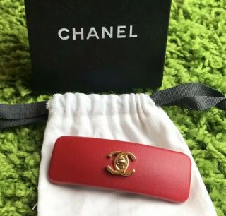 Authentic Chanel Vintage Red Lambskin Leather Stamped Cc Logo Barrette Hair Clip