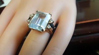 Estate Emerald Cut Huge 10ct Aquamarine W/ Diamonds & Sapphires 14kt Yellow Gold