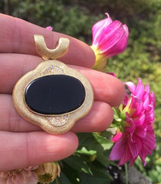 Estate Vintage 1960s Large 14k Gold Onyx Diamond Slider Pendant For Necklace