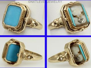 Antique Art Deco Diamond Habille Cameo & Persian Turquoise 10k Gold Flip Ring