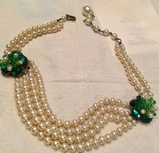 Louis Rousselet Pearl Necklace With Two Poured Glass Florets