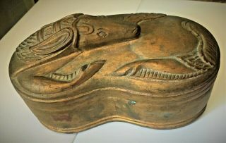 Carved Pegasus Kidney Shaped Covered Box Gold W/ Red Interior (some Say Dragon?)