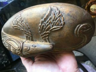 Carved Pegasus Kidney Shaped Covered Box gold w/ red interior (some say dragon?) 6