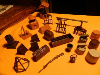 24,  Early Marx Western Play Set Accessories Outdoor Well Kegs Wood Pile Hitch