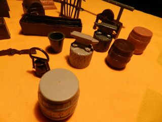 24,  EARLY MARX WESTERN PLAY SET ACCESSORIES OUTDOOR WELL KEGS WOOD PILE HITCH 2