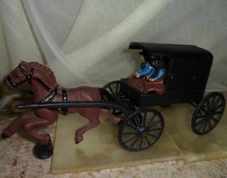 Vintage Cast Iron Amish Figurine Horse Buggy Toy Carriage Art Sculpture 3 Pc
