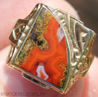 Antique Signed Gothic Art Deco Rare Red Banded Agate 10k Solid Gold Men 