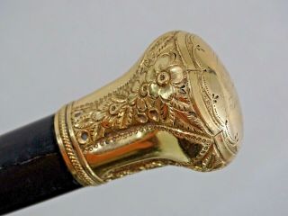 Magnificent Very Large Antique Walking Cane Stick Ornate Gold Filled Handle 1895