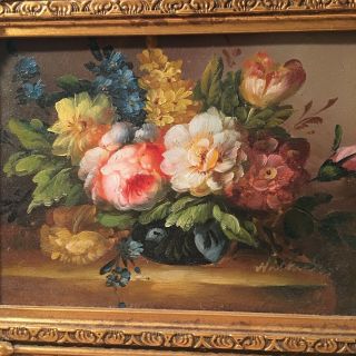 Hand - Painted Floral Bouquet Set In Exquisitely Ornate Gold - Leaf Victorian Frame.