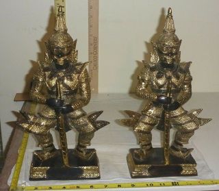 Vtg Pair Thai Brass Temple Guardians (yaksha) Statue/figurines - 12 3/4 " High