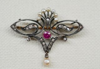 Antique Victorian Edwardian 18k Gold Silver Ruby Pearl And Diamond Brooch 7 Gr