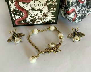 Authentic Gucci Set Antique Gold Bee Bracelet And Earrings With White Pearl