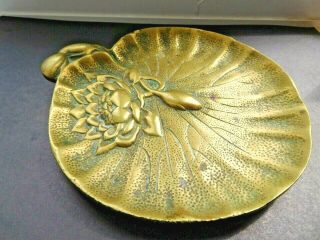 Japanese Yellow Bronze Water Lily Flower On Leaf Tray Meiji Period? On 3 Feet