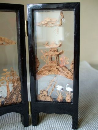 Vintage Chinese Lacquered Wooden Carved Pagodas in Three Panel Glass Screen 5