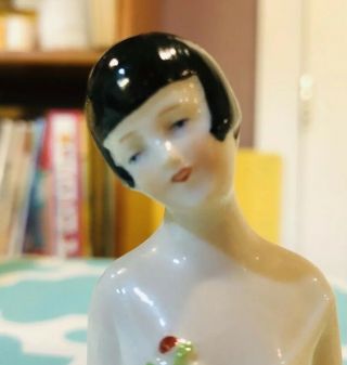 Art Deco Antique Half Doll Germany Flapper Girl Porcelain Lady With Flower