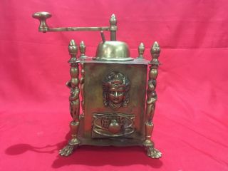 Antique Vintage Bronze Coffee Grinder Mill Hand Winding With Statues & Figures