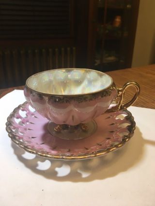 Royal Sealy Footed Teacup Saucer Japan Open Weave Pink Gold Iridescent Perfect