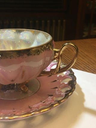 Royal Sealy Footed Teacup Saucer Japan Open Weave Pink Gold Iridescent Perfect 2