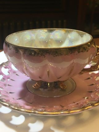Royal Sealy Footed Teacup Saucer Japan Open Weave Pink Gold Iridescent Perfect 3