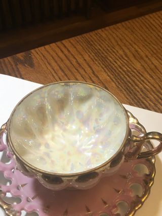 Royal Sealy Footed Teacup Saucer Japan Open Weave Pink Gold Iridescent Perfect 4