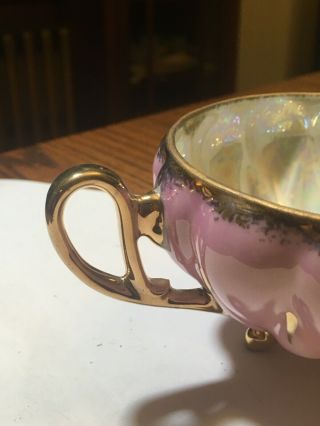 Royal Sealy Footed Teacup Saucer Japan Open Weave Pink Gold Iridescent Perfect 6