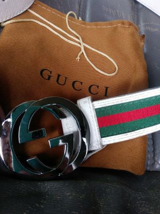 Vintage White Leather Green And Red Stripe Gucci Belt 30 - 38 W/bag