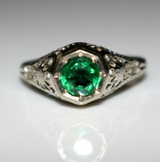 Art Deco 18k White Gold Filigree Emerald Solitaire Ring,  Size 7 1/2