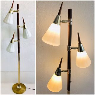 Vintage Mcm Pole Floor Lamp 3 Light Cone Glass Shade Teak Wood Gold Metal