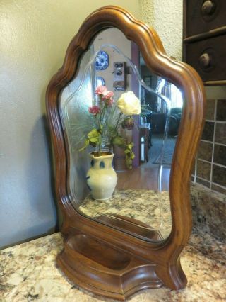 Vintage Antique Walnut Wood Arched Dresser Top Mirror Etched Jewlery Compartment