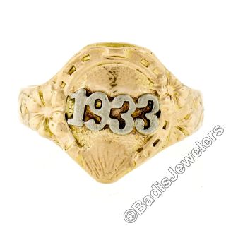 Antique 14k Two Tone Gold Detailed Textured Claddagh W/ Floral 1933 Date Ring