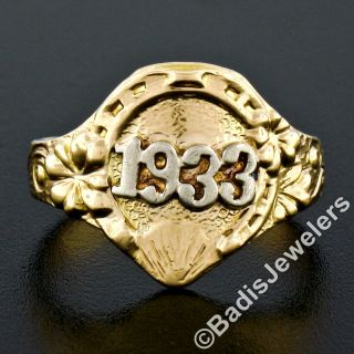 Antique 14K Two Tone Gold Detailed Textured Claddagh w/ Floral 1933 Date Ring 2