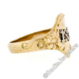 Antique 14K Two Tone Gold Detailed Textured Claddagh w/ Floral 1933 Date Ring 6