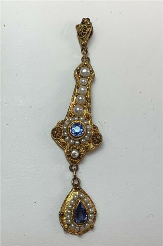 14k Yellow Gold Edwardian Natural Sapphire,  Diamond & Seed Pearl Pendant