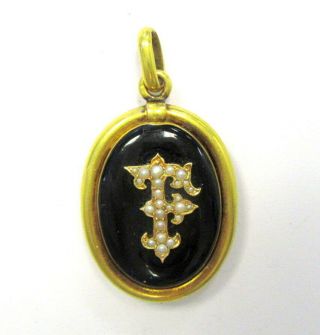 Antique French 18k Gold Mourning Pendant Locket W Seed Pearls Letter F