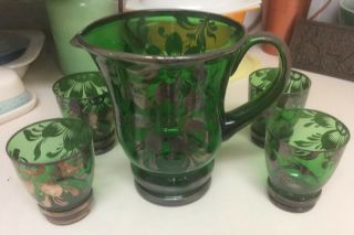 Vintage Hand Painted Glass Pitcher And 4 Tumblers Made In Italy