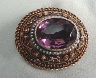 14kt Victorian Ornate Design Brooch W,  Natural Amethyst & Seed Pearls