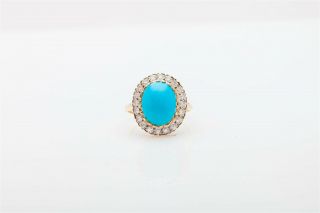 Antique Retro 1940s 10ct Natural Turquoise Diamond 14k Yellow Gold Halo Ring