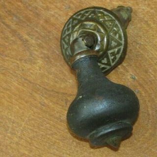 Early Antique Victorian Wooden Drop Drawer Pull Knob With Fancy Brass Face Plate