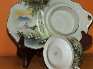 4 Kutani Hand Painted Snack Set Cup Saucer Eggshell China Nine Valleys Antique