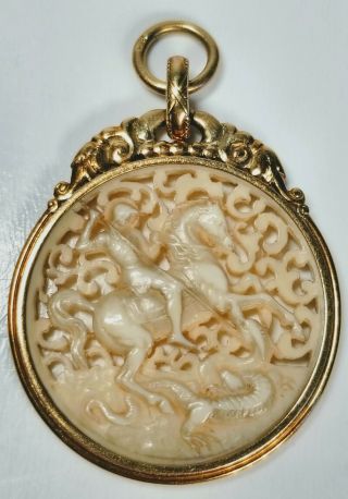 Antique 19th Century 14k Gold Pendant Saint George And The Dragon Fine Carving