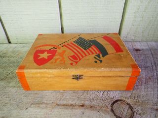 Wwii Holland Souvenir Wooden Jewelry Box Dated 1944 - Hand Painted Flags On Lid